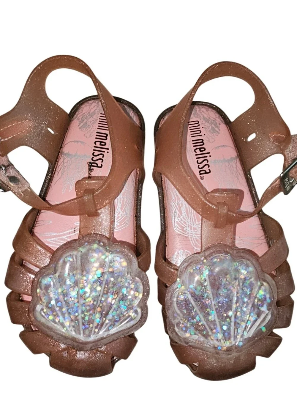 Mini Melissa Rose Gold Jelly Sandals with Sparkling Shell Accent